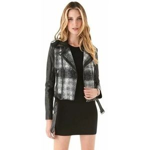 Rebecca Minkoff Black Lamb Leather Plaid Print Biker Jacket (BNWT,$548, REVOLVE)